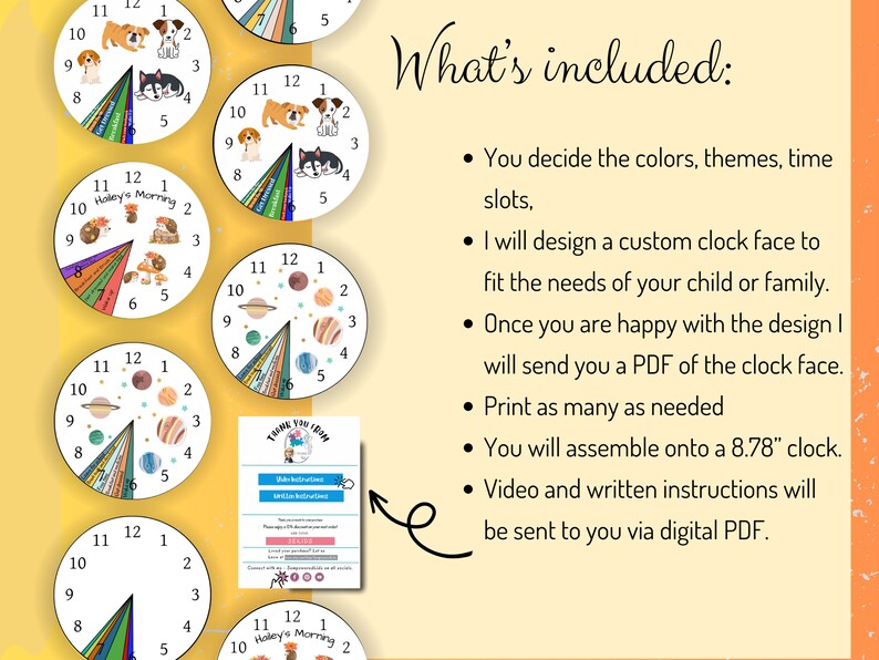 May include: A digital download for a customizable clock face with various themes, including dogs, planets, and a 'Haley's Morning' theme. The download includes instructions for assembling the clock face onto an 8.78-inch clock.