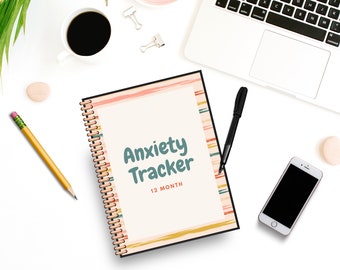 Anxiety journal, 12 monthly spreads, anxiety symptom tracker, anxiety awareness, mood tracker journal, anti anxiety, coping skills