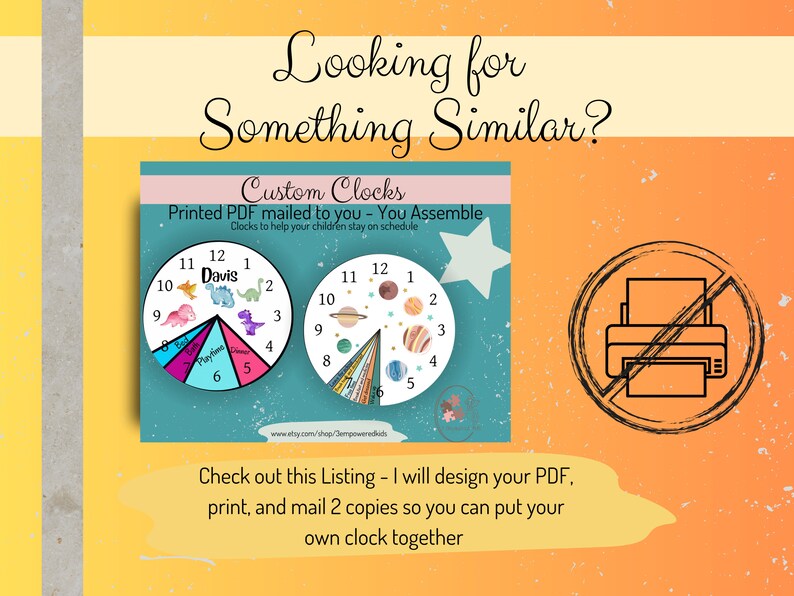 May include: A printable PDF design for a custom clock with a dinosaur theme. The clock face features a colorful dinosaur design with the name "Davis" at the top. The design is for a printable clock that you can assemble yourself. The image also shows a printer with a red circle and a diagonal line through it, indicating that this is a digital product and not a physical clock.