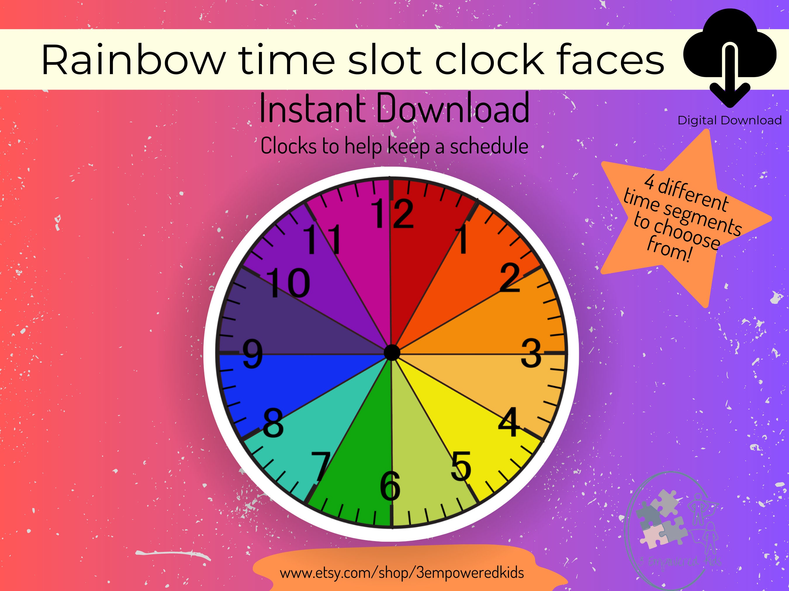 Custom Clock faces rainbow, unique wall clock, kid’s schedule, time blocking, visual schedule, summer break, 4 variations, instant download