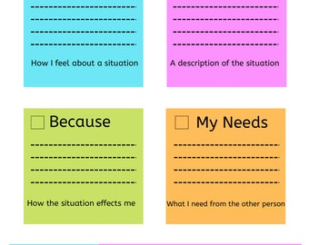 May include: A colorful chart with four sections, each with a checkbox and a title: "I feel", "When", "Because", and "My Needs".  The chart is used to help people communicate their feelings and needs in a clear and assertive way.  The example sentence below the chart reads: "I feel upset when you keep bugging me because I'm trying to concentrate I need time to finish this project."
