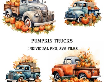 Set of Watercolor Vintage Truck With Pumpkins, Fall PNG,SVG For Commercial Use POD, Autumn Clipart For Sublimation prints on demand and more
