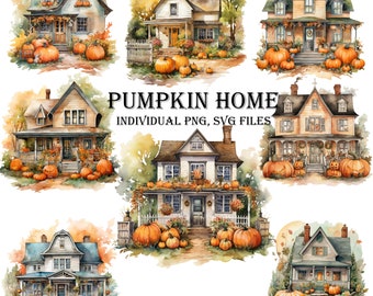 Set of Watercolor Vintage home With Pumpkins, Fall PNG,SVG For Commercial Use POD, Autumn Clipart For Sublimation prints on demand and more