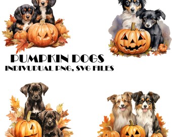 Set of Watercolor Vintage Dogs With Pumpkins, Fall PNG,SVG For Commercial Use POD,Autumn Clipart For Sublimation prints on  demand and more