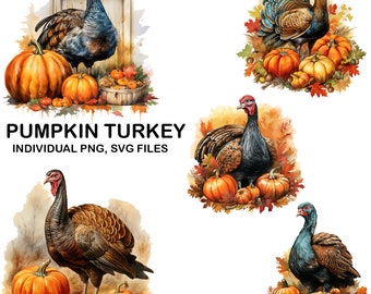 Set of Watercolor Vintage Turkey With Pumpkins, Fall PNG,SVG For Commercial Use POD,Autumn Clipart For Sublimation prints on demand and more