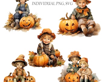 Set of Watercolor Vintage Kids With Pumpkins, Fall PNG,SVG For Commercial Use POD, Autumn Clipart For Sublimation prints on demand and more