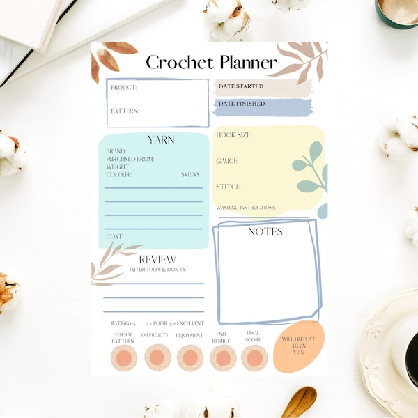 Boho crochet planner page - digital crochet planner - crochet project page - crochet journal - Boho design planner - Crochet project helper