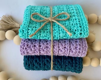 Set of 3 Handmade Crochet Cotton Washcloths | Reusable Dishcloths | Eco-Friendly Face Cloths | Zero Waste Home | Coastal Cottage Gift