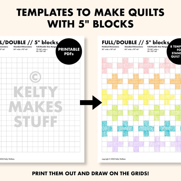 Quilt Planning Template for Quilts using 5" Finished Blocks | Quilt Graph Paper | Printable PDF Download | PNG Files for Procreate