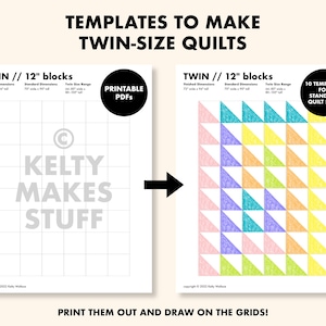 Może przedstawiać: Drukowane szablony PDF do tworzenia kołder w rozmiarze dwuosobowym. Szablony zawierają siatkę z blokami o wymiarach 30,5 cm i przykładowy wzór kołdry z kolorowymi trójkątami.