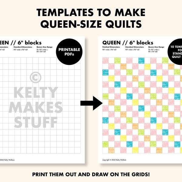 Quilt Planning Template for Queen-Size Quilts | Quilt Graph Paper | Printable PDF Download | PNG Files for Procreate