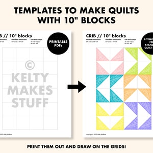 Puede incluir: Plantillas de acolchado imprimibles para acolchados de cuna que utilizan bloques de 25,4 cm. Las plantillas están en una cuadrícula con un ejemplo colorido de un diseño de acolchado. El texto "PRINTABLE PDFs" y "8 TEMPLATES FOR STANDARD QUILT SIZES" es visible.