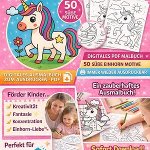 Puede incluir: Un libro para colorear digital de unicornios para niños de 4 a 8 años, con 50 diseños de unicornios lindos. La portada muestra una ilustración de unicornio colorida con texto en alemán. Incluye una descarga PDF.