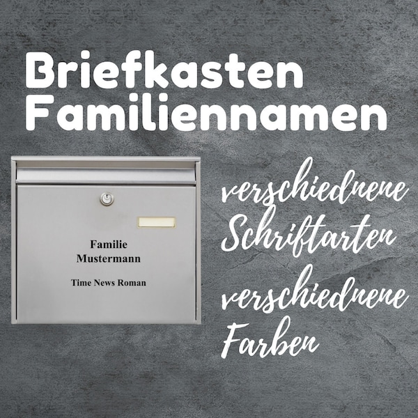 Briefkasten Familiennamen oder Wunschnamen aus Vinyl und verschiedenen Schriftfarben und in den Farben Schwarz oder weiss