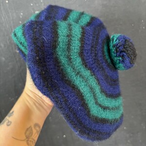 70s Scotland Blue Green Wool Knitted HAT Beret Beanie Winter 
