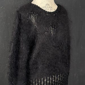 90s black mohair wool hand knitted flower JUMPER sweater pullover popcorn flower French France vintage soft fluffy boho nineties XL