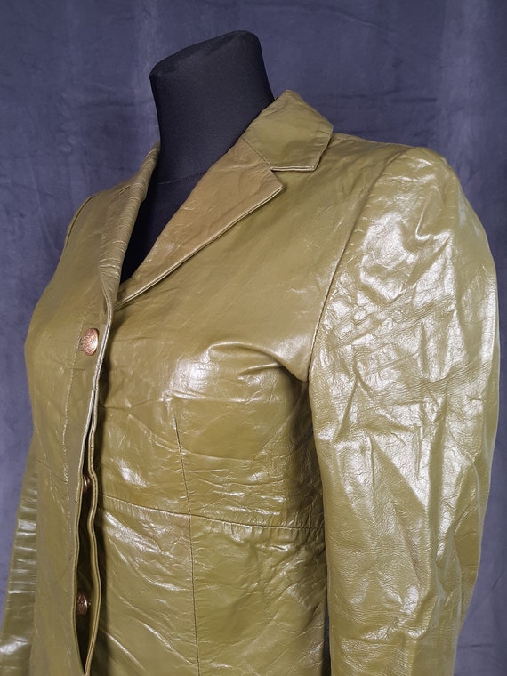 70s Paris French leather JACKET blazer olive gree… - image 4