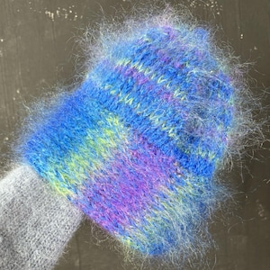 Mohair wool blue green purple knitted wool HAT fluffy bright beanie winter boho vintage ski hippie mod festival French thick Christmas