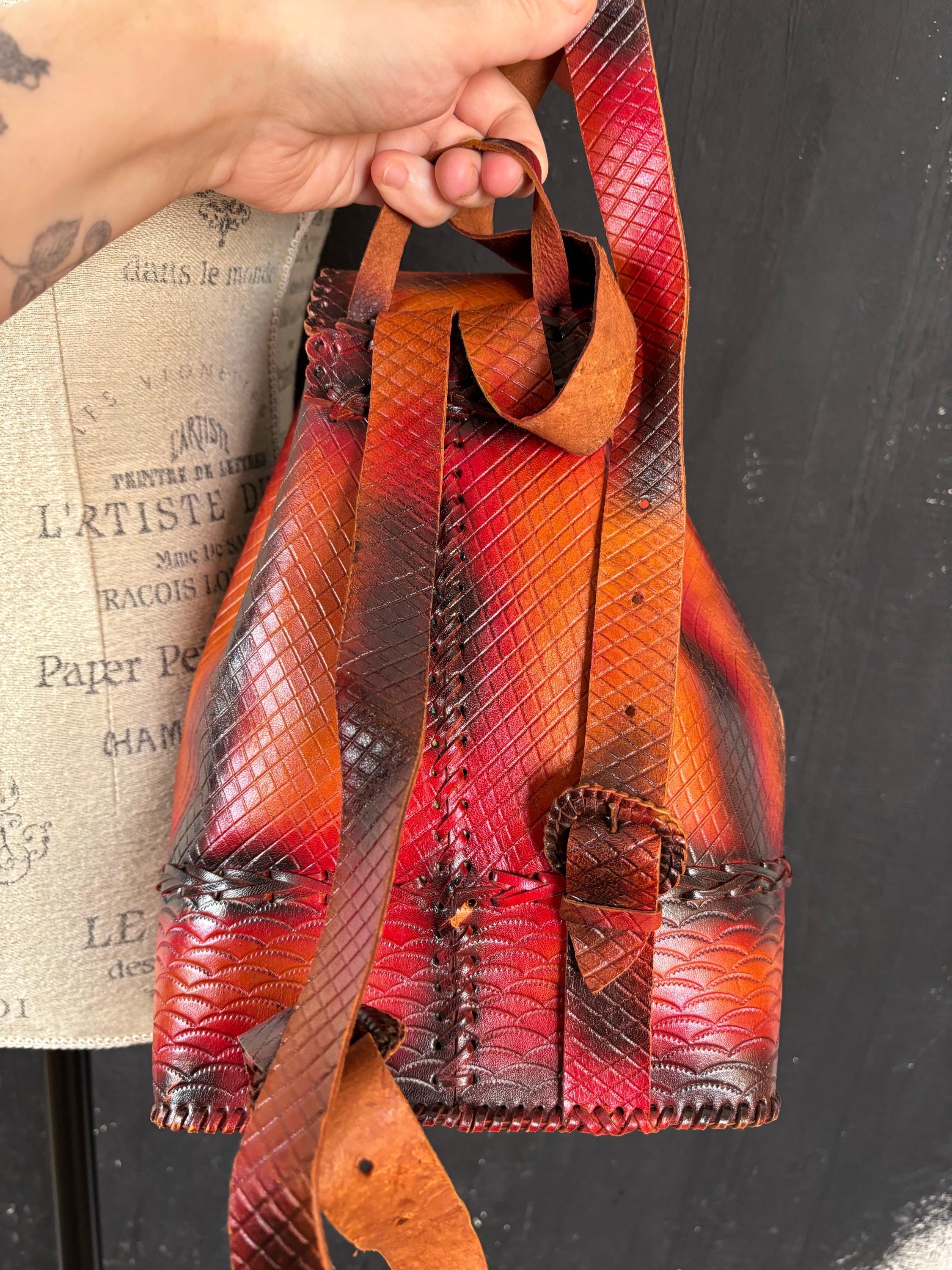 70s French Leather Embossed Tooled Flower BAG Backpack Brown 