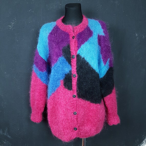 90s hand knitted mohair wool CARDIGAN purple blue… - image 1