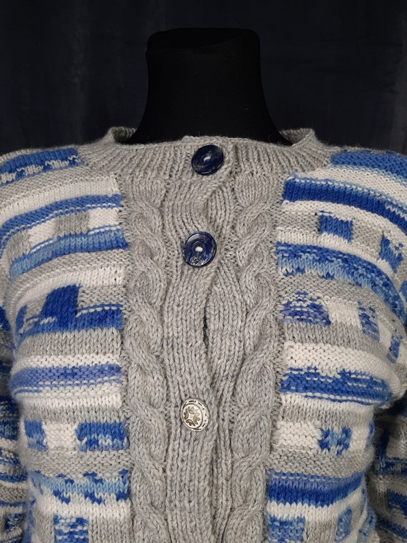 90s Norwegian wool CARDIGAN blue grey hand knitte… - image 3