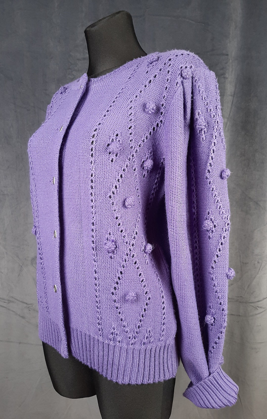 80s Dralon Bayer Dirndl CARDIGAN Lavender Purple Bobble Puff