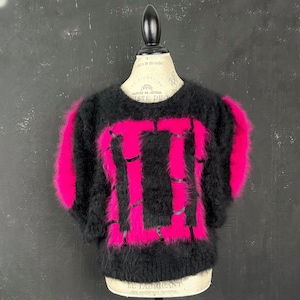 Mohair soft black purple fluffy JUMPER sweater pullover French knitted France vintage posh party Christmas gift squared squares L