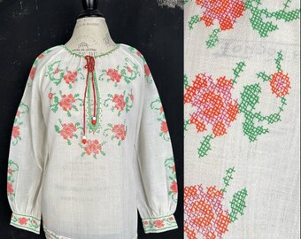 70s blanco aguja bordado estilo verde naranja BLOUSE top flor rosa rosas hippie festival étnico escandinavo cuentas nórdicas L