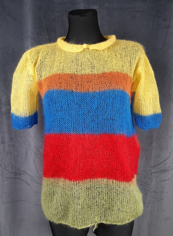 70s French mohair TOP jumper blouse yellow red bl… - image 3