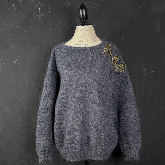 Grey wool knitted bear patchwork embroidered Fren… - image 2