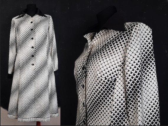 70s French Paris DRESS black white monochrome op … - image 1