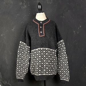 Noorse Bouviac-wol gebreide TRUI trui wit zwart grijs Scandinavische vintage winter Nordic ski classic heren XL