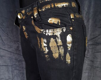 Y2k black flare pants gold painted design high - Depop