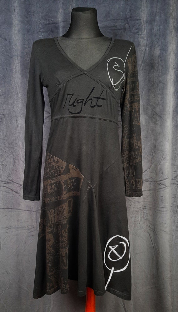 Y2K Desigual STOP DRESS black white brown print t… - image 3