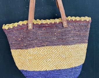Vintage 90s Straw & Leather Beach Tote Bag - Blue Brown Shopper Style