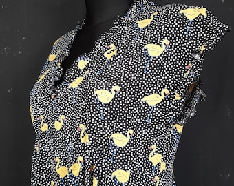 Yellow Flamingo Bird Dress: Black & White Polka Dot Ruffle, Size M