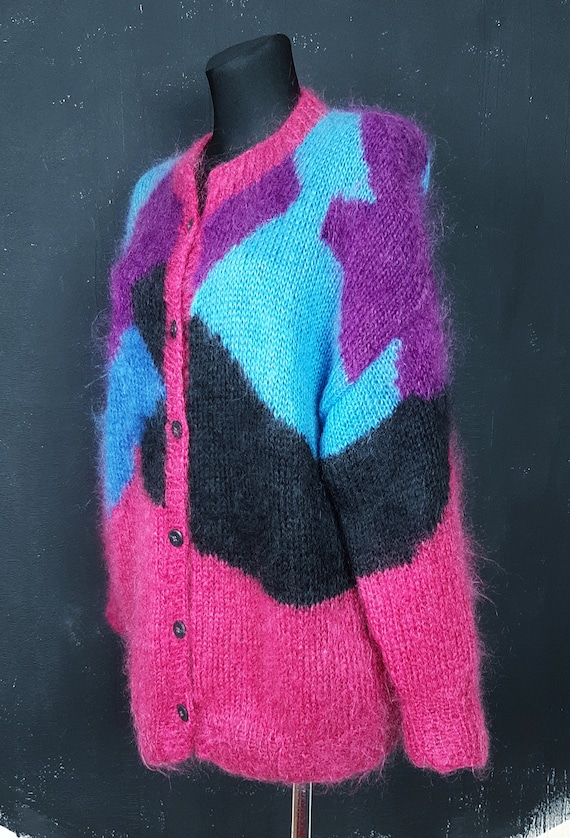 90s hand knitted mohair wool CARDIGAN purple blue… - image 2