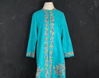 90s Blue Teal Jacket Coat embroidered flowers M