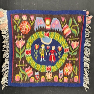 70er Jahre skandinavischen Schweden Tapisserie Läufer Teppich gewebt Junge Mädchen Eule Vogel Ethno DECOR Tischdecke Blume blau grün Tulip