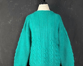Pull en mohair tricoté main vintage des années 90 - pull torsadé bleu turquoise, L-XL