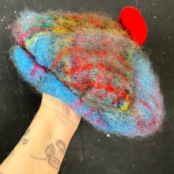 Vintage 70s Scottish Mohair Wool Beret - Blue & Green Fluffy  display picture 2