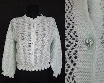 80s West Germany mint CARDIGAN green cable knitted knit vintage eighties minty mesh summer vegan movie scallops light pastel L