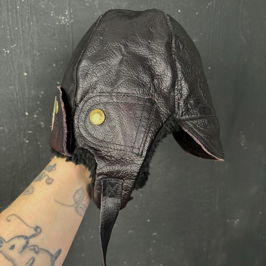 70s Leather Red Baron Pilot Aviator HAT Flaps Shearling Thick Warm ...
