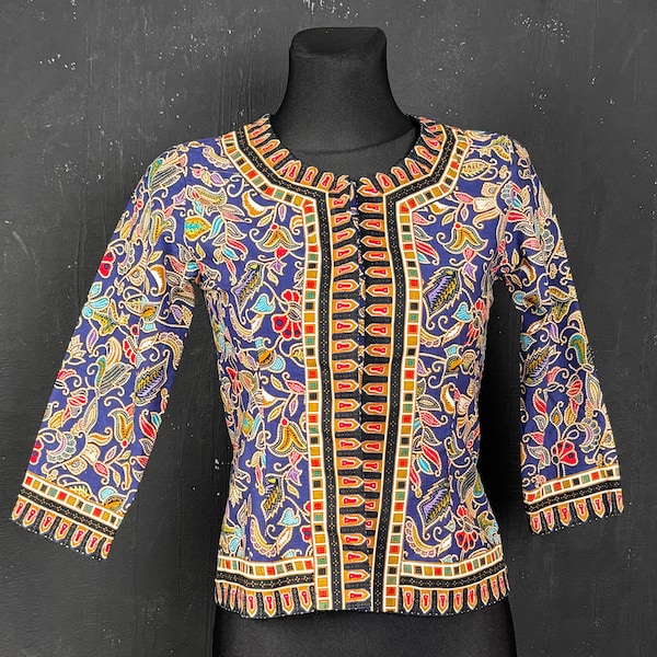 Vintage 80s Balmain Singapore Airlines Sarong Kebaya Blouse - Blue Batik - Size XS
