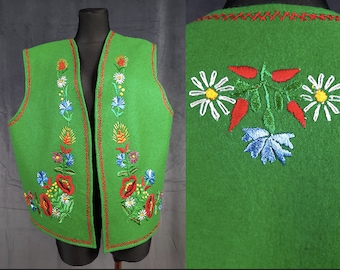 70s Hungarian Matyo Kalosca felt VEST bodywarmer hand embroidered green red blue wool ethnic costume traditional rare chilli flower XXL