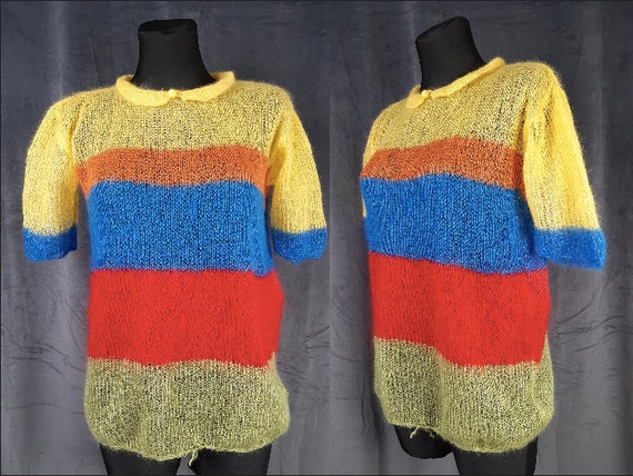 70s French mohair TOP jumper blouse yellow red bl… - image 1
