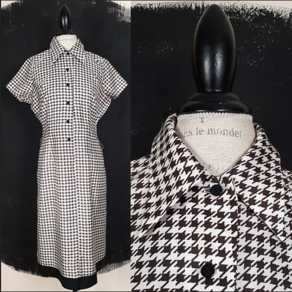 70s dogtooth brown black white DRESS party vintage seventies Scandinavian wedding Christmas romantic dagger classic fashion summer Easter L