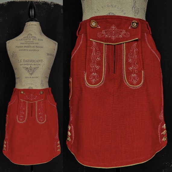 90s red lederhosen style embroidered Dirndl SKIRT… - image 1
