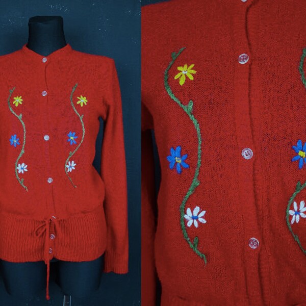 Vtg Black Floral Folk Embroidered Red Green Petite Button-Up Boho Cardigan UK4/6