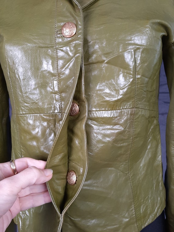 70s Paris French leather JACKET blazer olive gree… - image 5